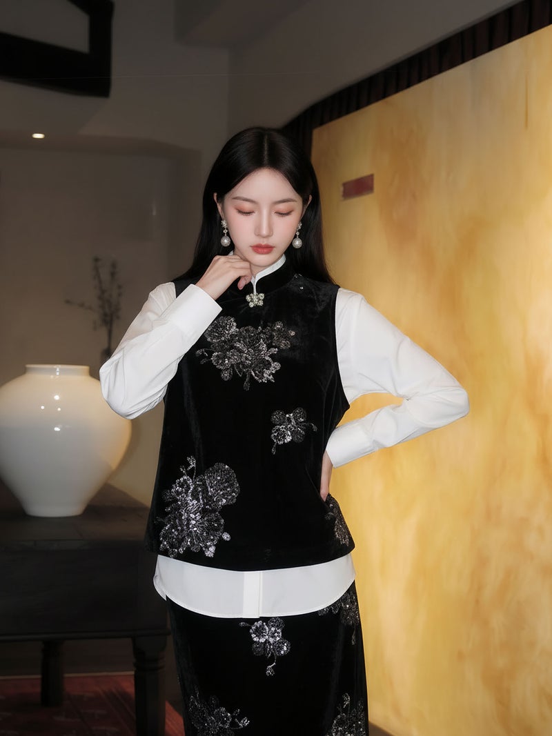 Yailla Versatile Chinese Style New Rich and Noble Light Luxury Embroidered Velvet Suit Pearl Decoration Retro Vest + Hip-Hugging Skirt Two-Piece Set for Women Niche Design Tang Coat Suit - Image 4